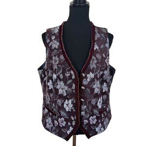 Vtg Womens Burgundy Floral Brocade Vest Velvet XL Metal Buttons André Oliver